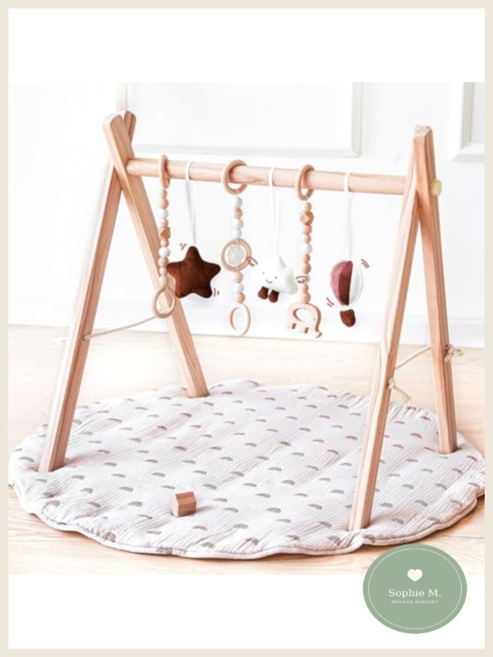 Wooden Baby Play Gym Foldable Activity Gym with Mat 6 Toys